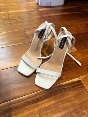 Aqua White Strappy Square-Toe Heeled Sandals with Slim Ankle Strap